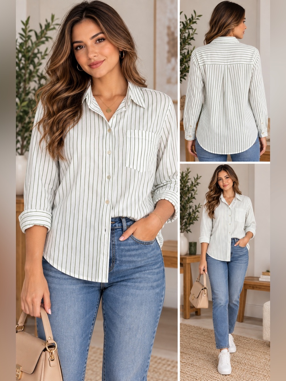 Universal Thread Women's L White & Green Striped Button-Up Shirt